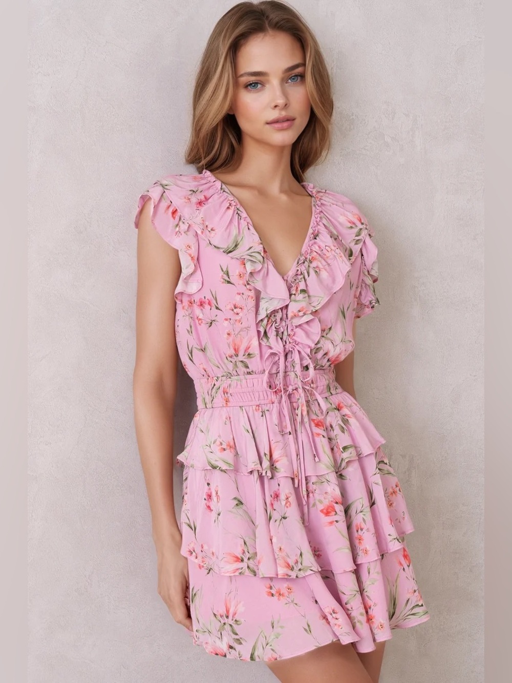 Anthropologie Pink Ruffle Lace Up Mini Dress Feminine Coquette
